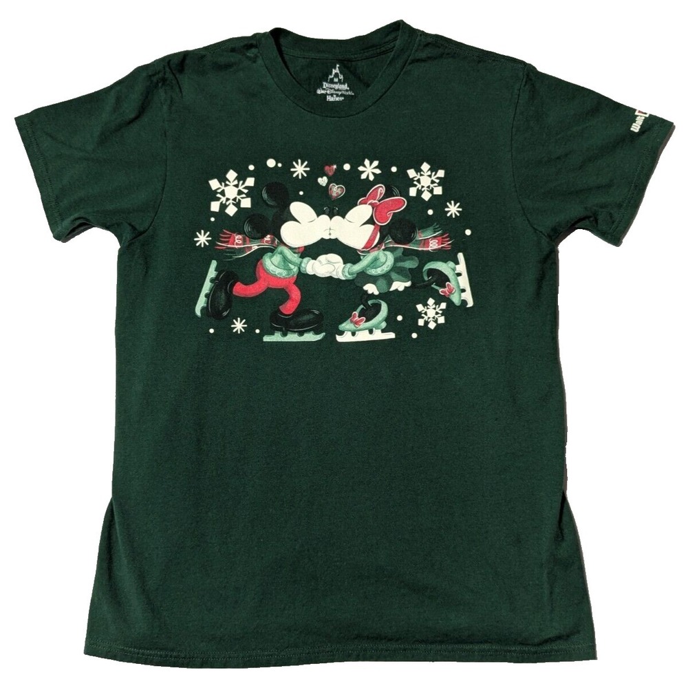 DISNEYLAND RESORT MICKEY & MINNIE ICE SKATING KISS Adult Medium Green T-Shirt‎